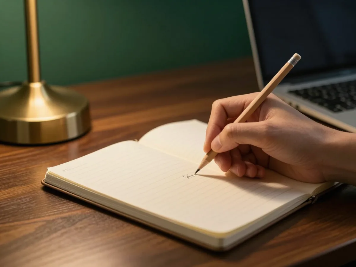 Dłoń zapisująca uwagi w notesie w linie obok klawiatury laptopa na dębowym blacie